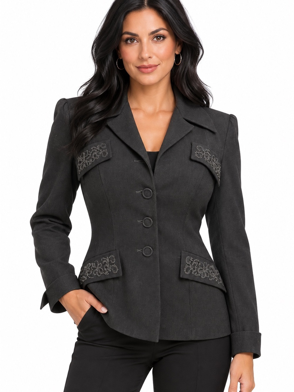 Vintage Betty Rose Black Women's Tailored Blazer with Embellished Flaps Medium